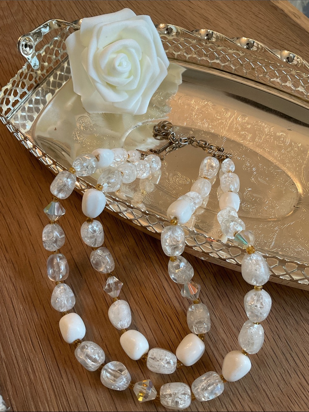 Vintage 1950’s Lisner Double Strand Necklace,White Milk,Clear Lucite Bead choker